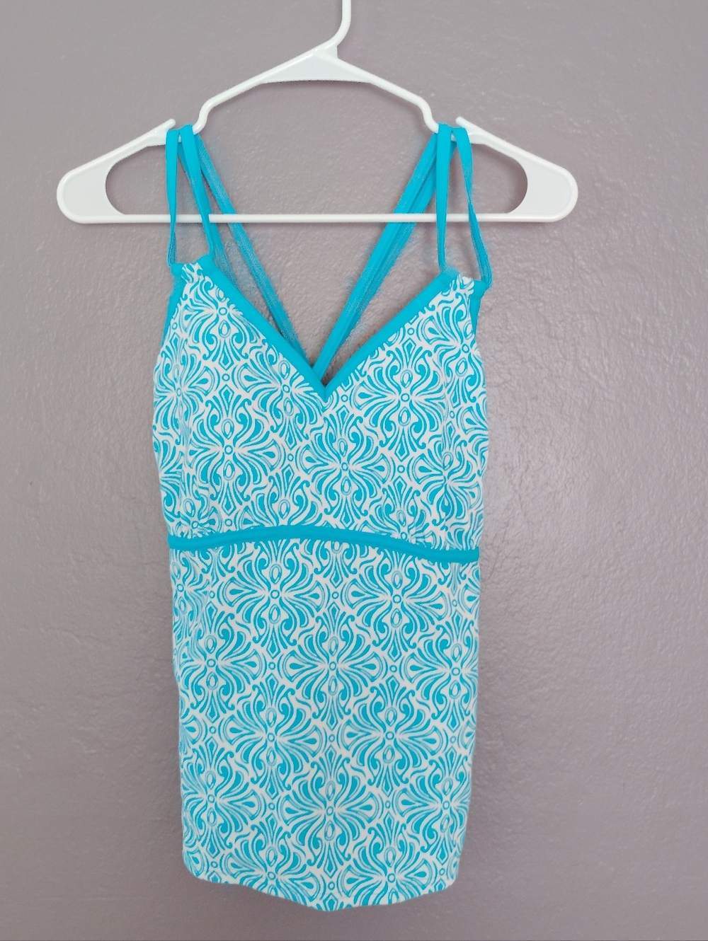 Lands End Size 12 Blue And White Tankini Swim Top Cross Cross Strappy